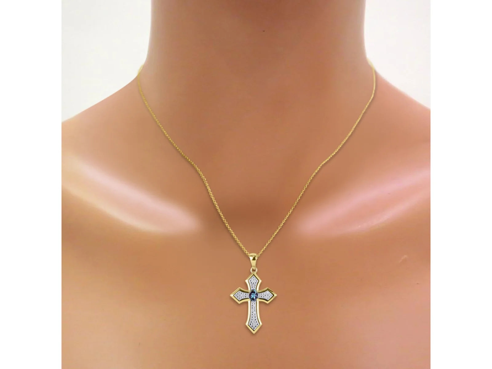 Yellow Gold Plated Silver 925 Cross Necklace with Genuine Diamonds Pendant, 18" Chain O47264