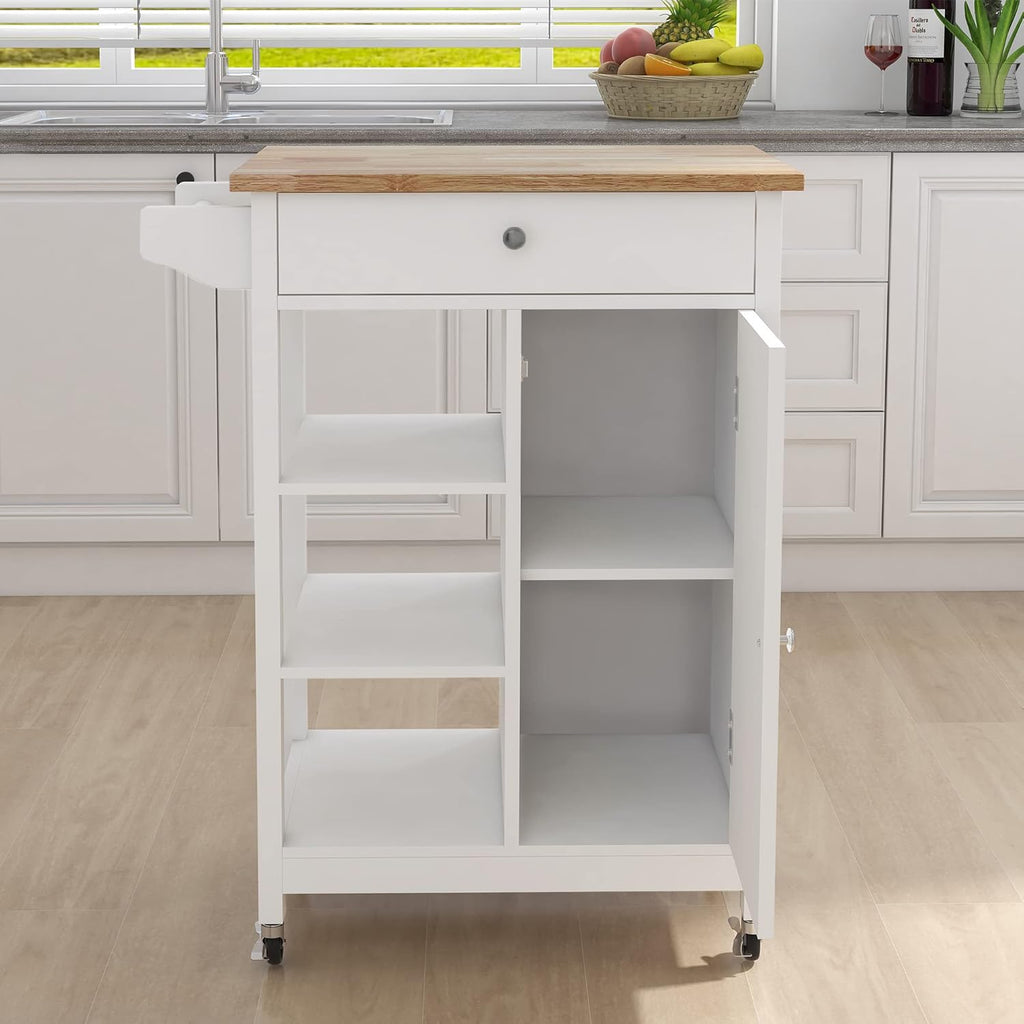 White Solid Wood Top Kitchen Island on Wheels with Single Door and One Drawer Towel Rack G208