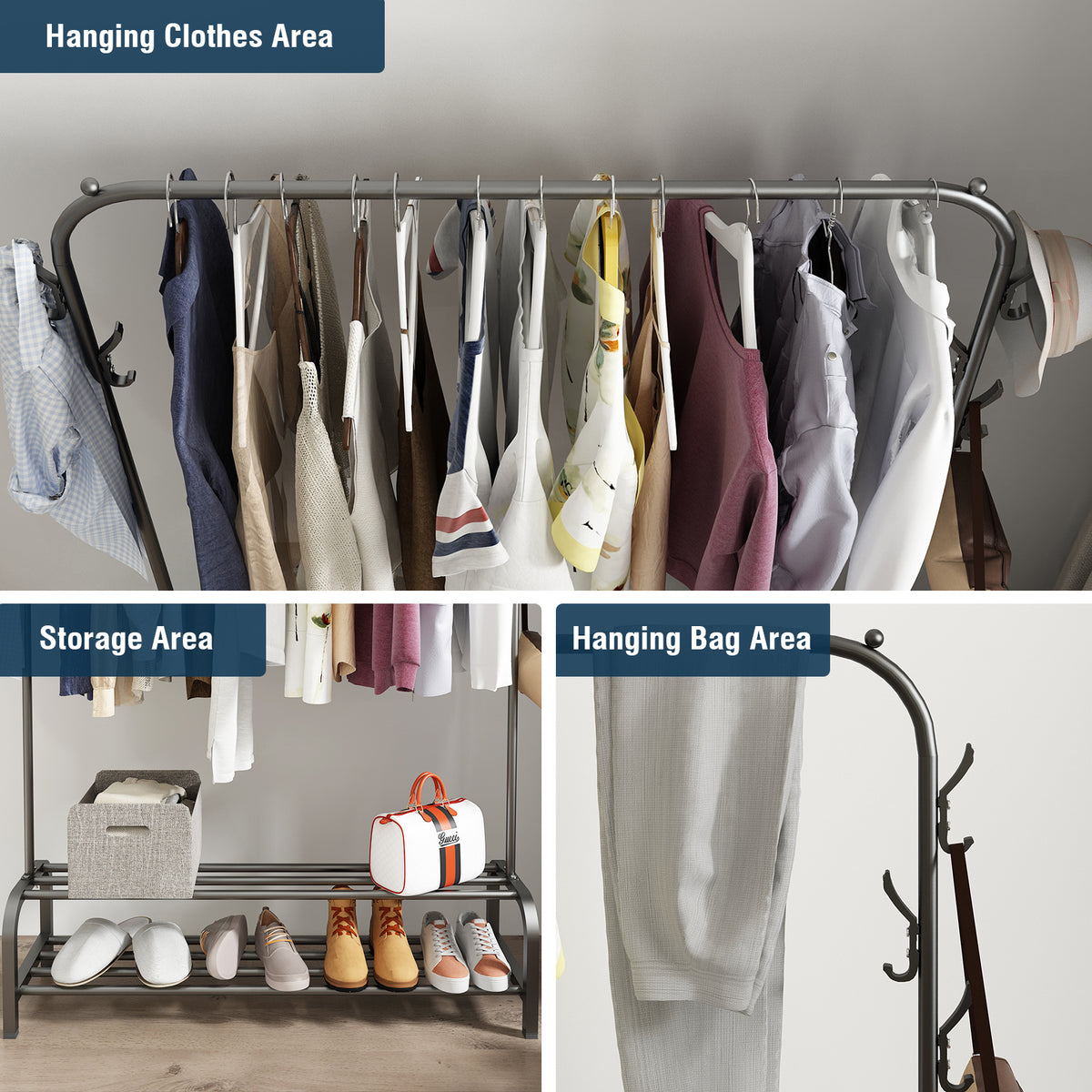 Black Freestanding Garment Rack with 6 Hangers 2 Shelves L604287