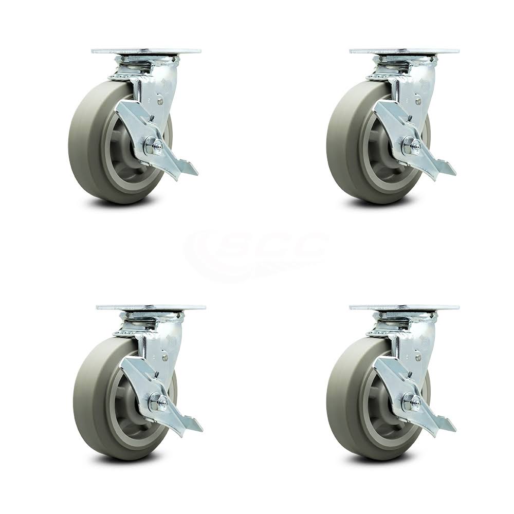Set of 4 Gray Thermoplastic Rubber Wheel Swivel Casters with Brakes J8610