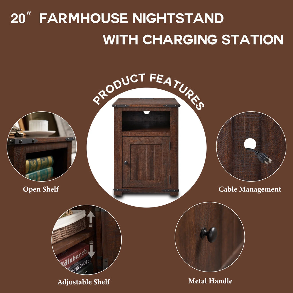 Brown Nightstand with Charging Station, Barn Door, Open Shelf H96834