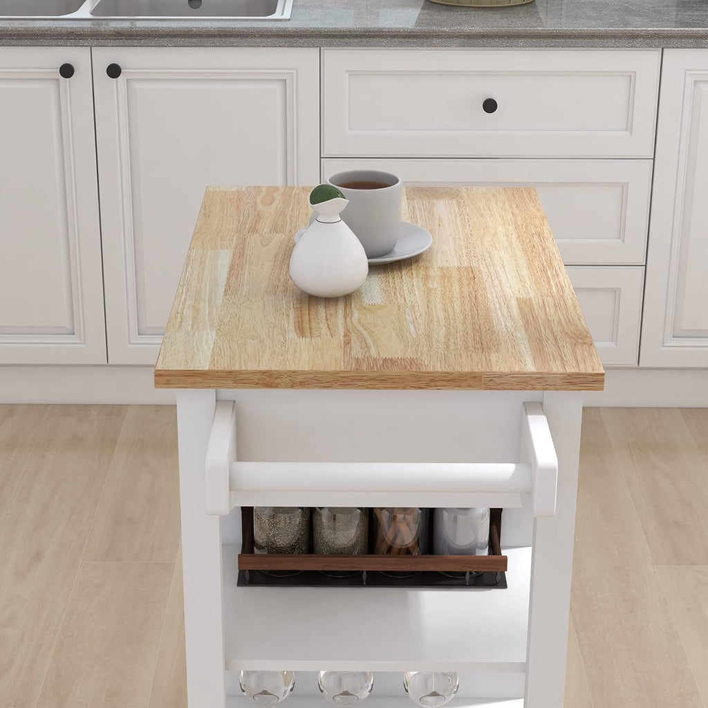 White Solid Wood Top Kitchen Island on Wheels with Single Door and One Drawer Towel Rack G208
