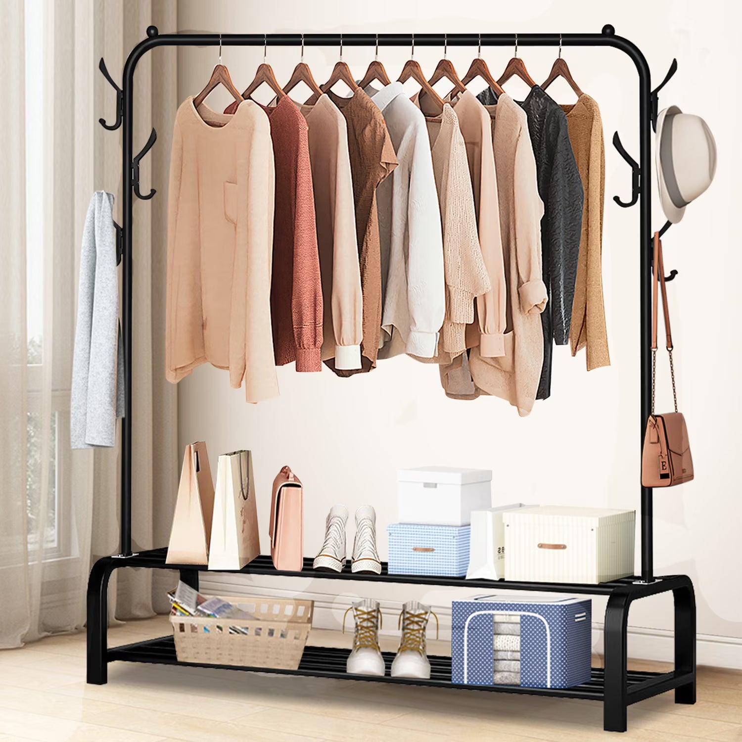 Black Freestanding Garment Rack with 6 Hangers 2 Shelves L604287