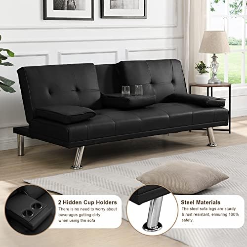 Black Leather Futon Sofa Bed with 2 Cup Holders U86522