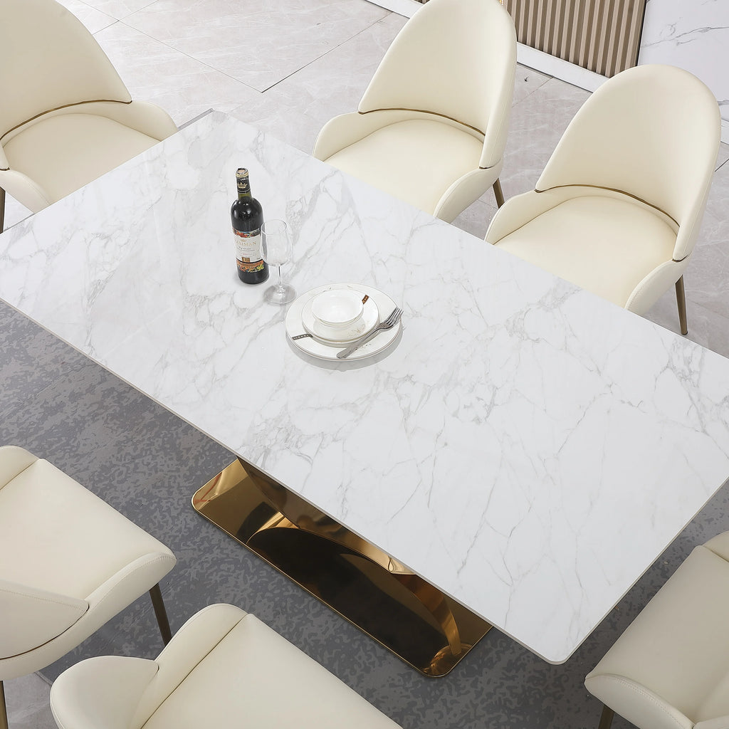 White Sintered Stone Dining Table Set with Stainless Steel Base S51557