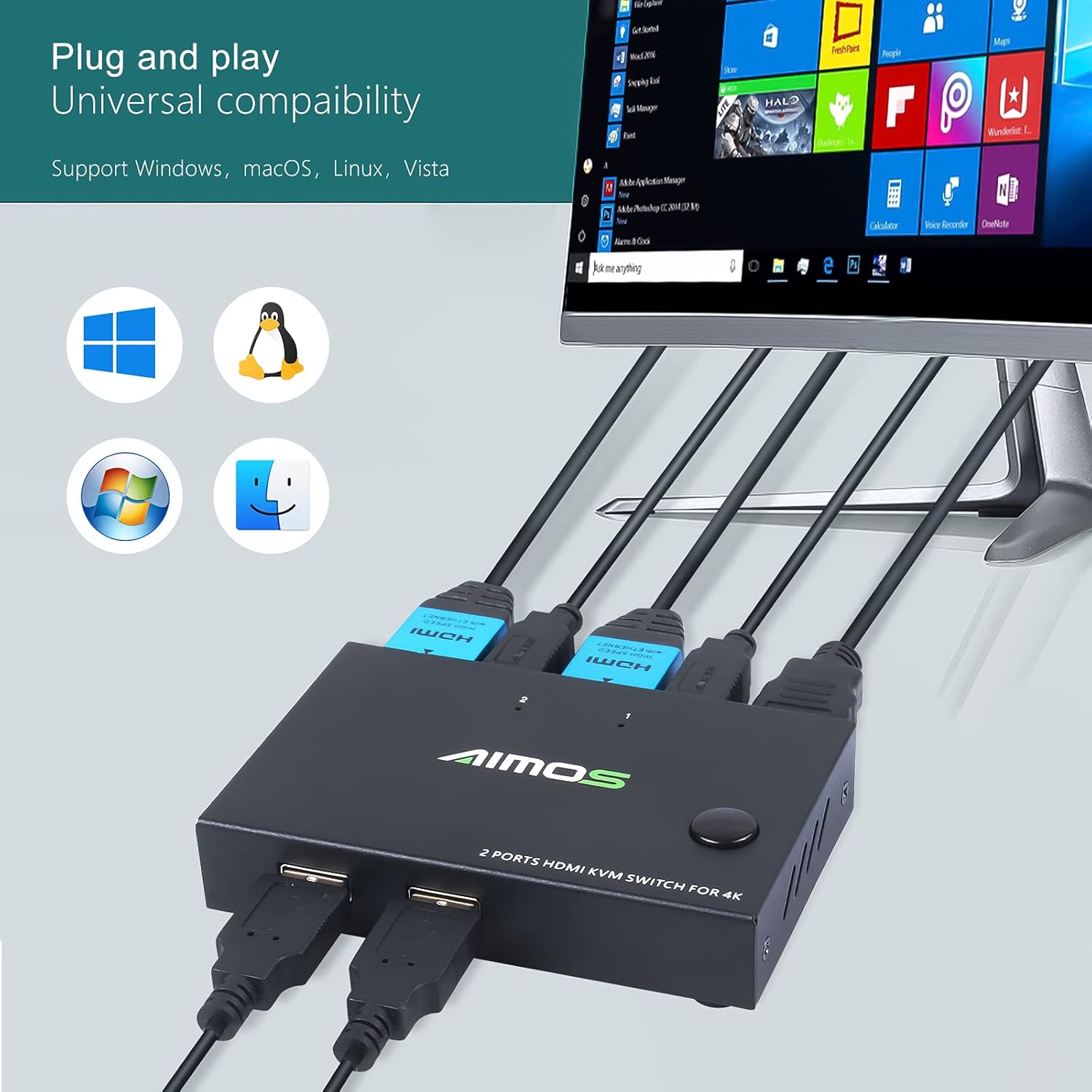 KVM Switch HDMI 2 Port 4K@30Hz with 2 HDMI Cable and 2 USB Cable U960