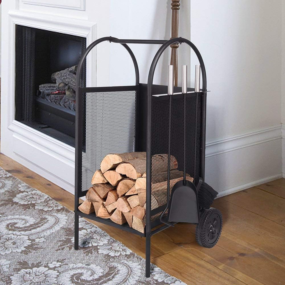 Firewood Rack Log Cart With Large Wheels, Black Wrought Iron Firewood Cart Q4914