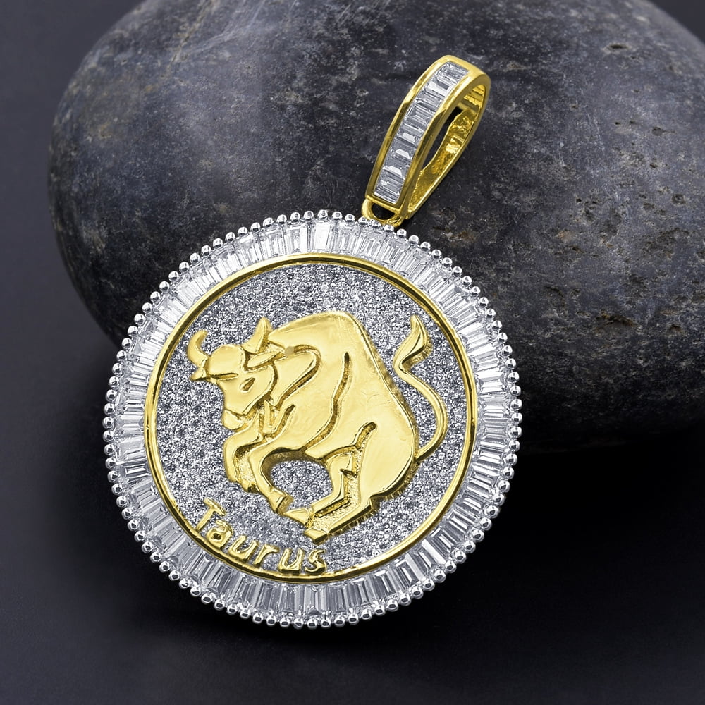 14K Yellow Gold Finish Simulated Diamond Taurus Pendant Charm U469385