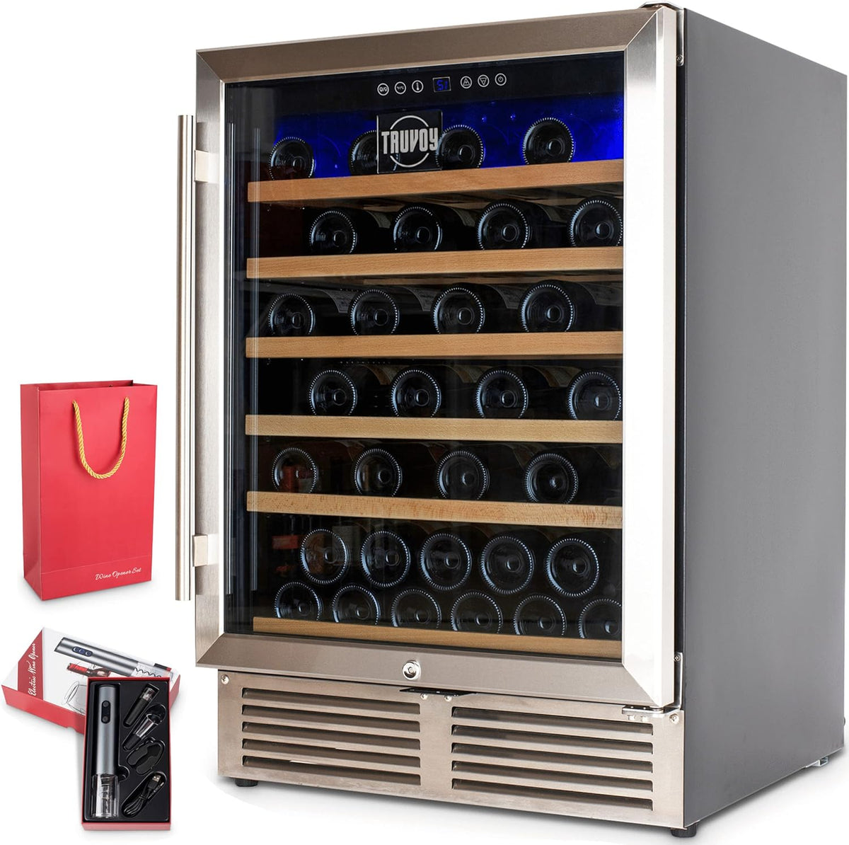 Wine Cooler Refrigerator with Reversible Low UV Glass Door, Touch Thermostat Control with LED Display, Lock, 150L Storage R258363