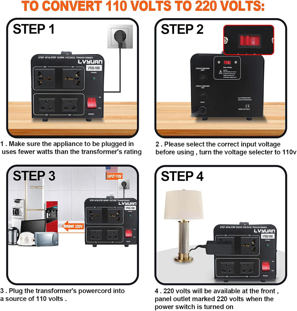 Voltage Transformer Converter 1000 Watt Step Up/Down 110-120 Volt to 220-240 Volt with 2 US outlets, 2 Universal outlets, Circuit Breaker Pack of 2 I663434