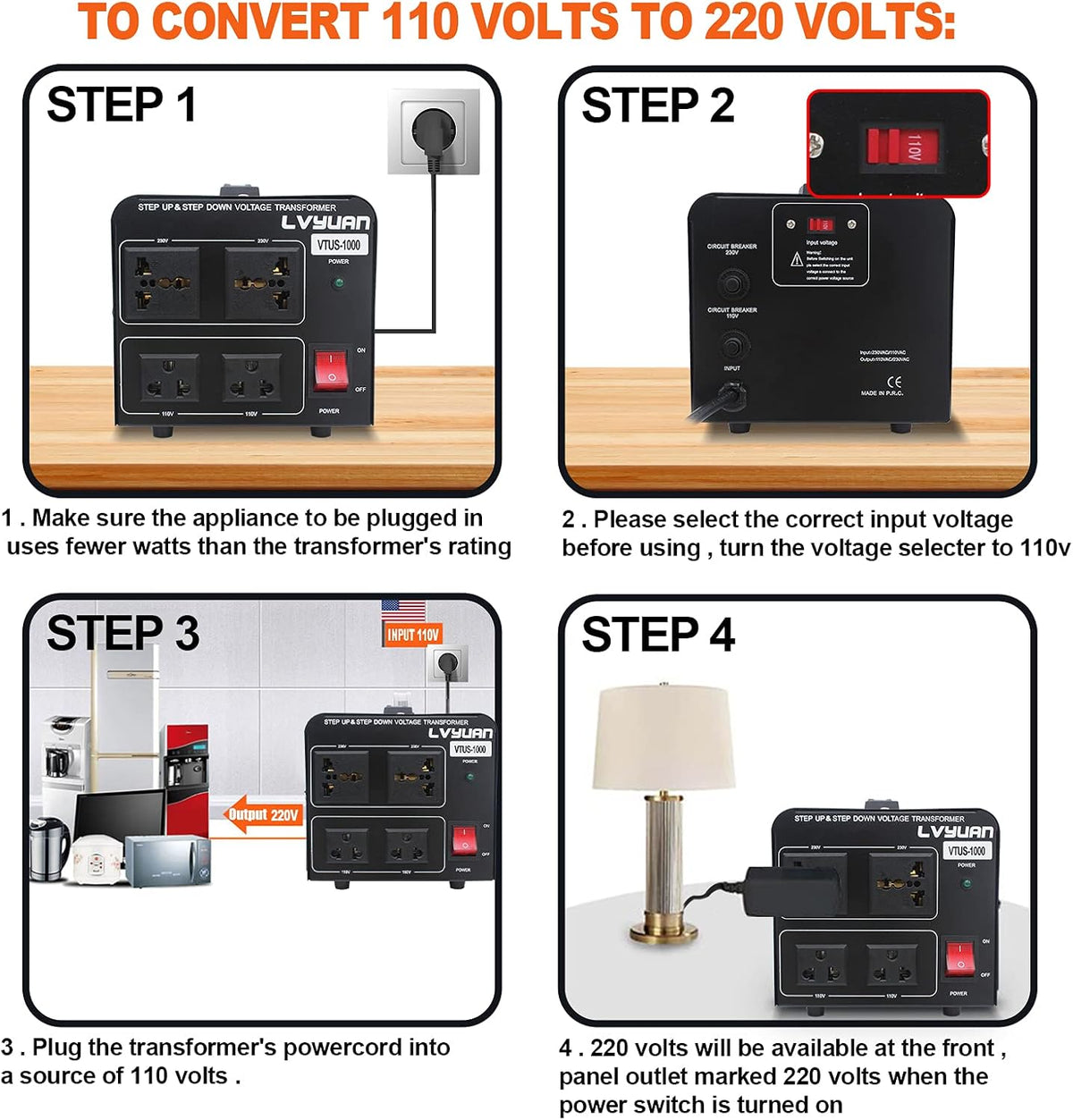 Voltage Transformer Converter 1000 Watt Step Up/Down 110-120 Volt to 220-240 Volt with 2 US outlets, 2 Universal outlets, Circuit Breaker Pack of 2 I663434