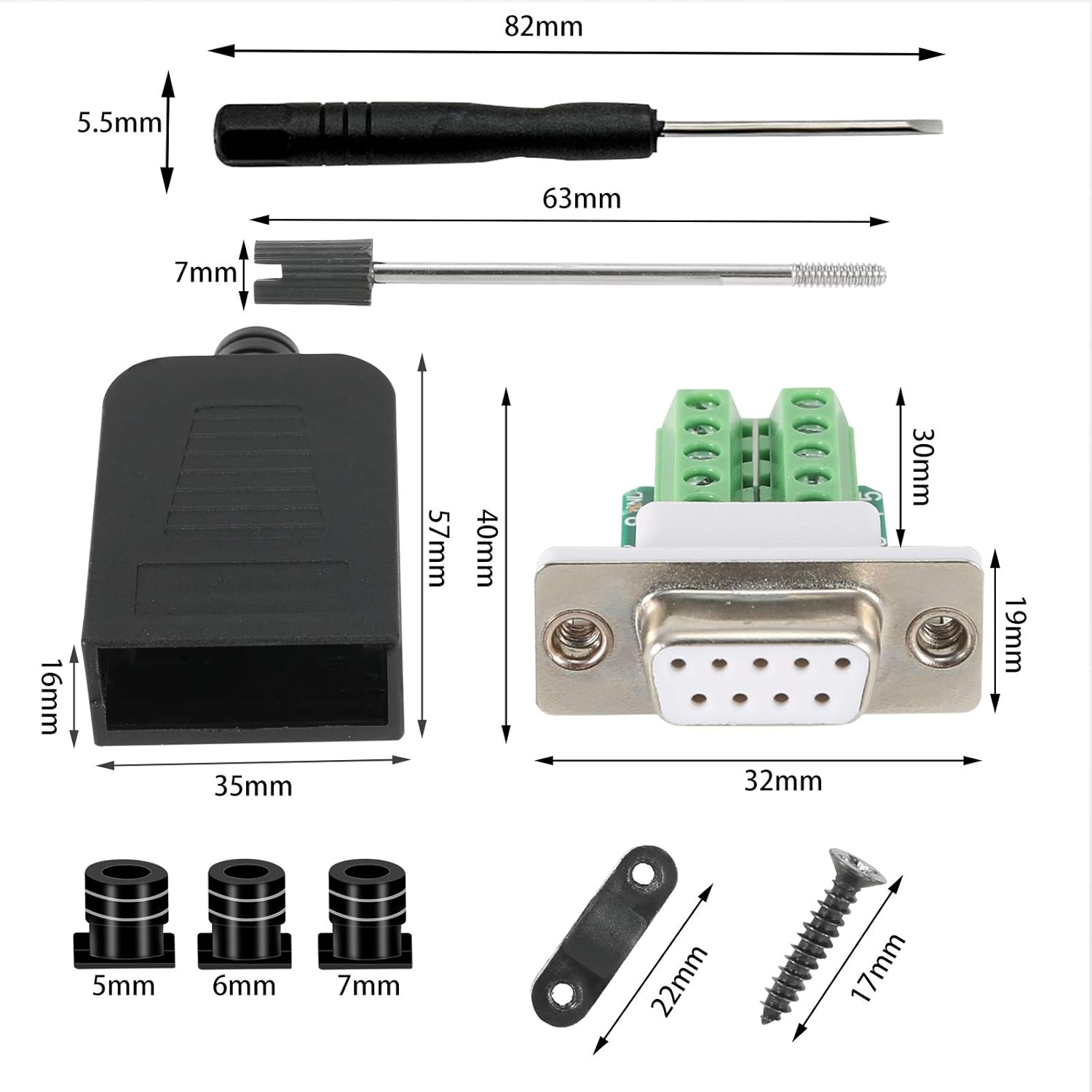 DB9 Solderless Connector RS232 D-SUB Serial Adapters 9 Pin Breakout Board with Case N757