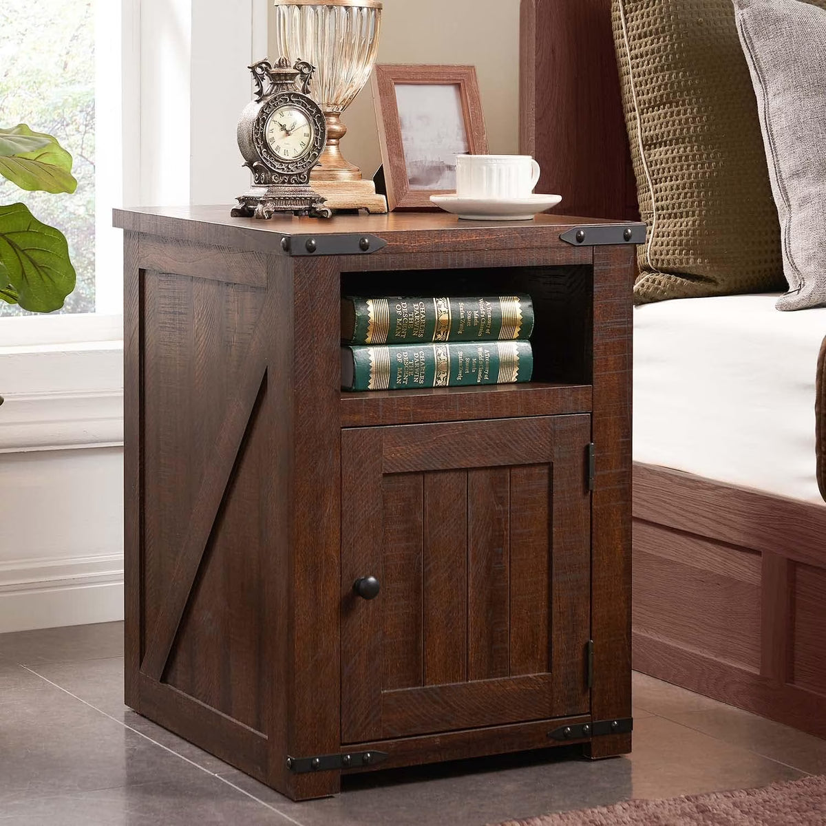 Brown Nightstand with Charging Station, Barn Door, Open Shelf H96834