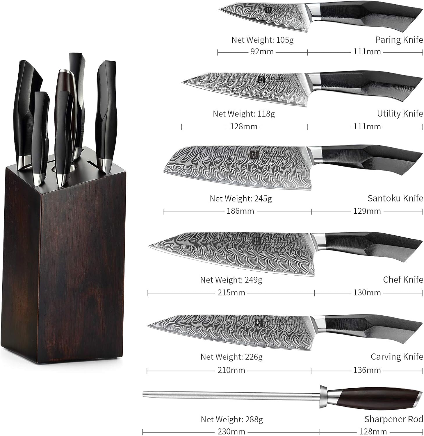 Damascus Steel 7-Piece Kitchen Knife Set with Wooden Block and Honing Steel M81972