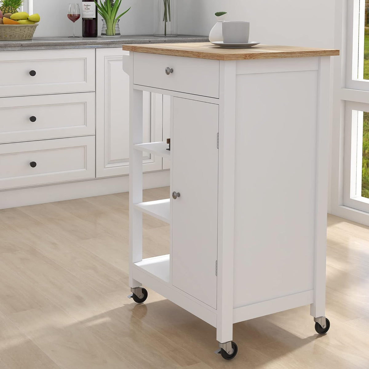 White Solid Wood Top Kitchen Island on Wheels with Single Door and One Drawer Towel Rack G208