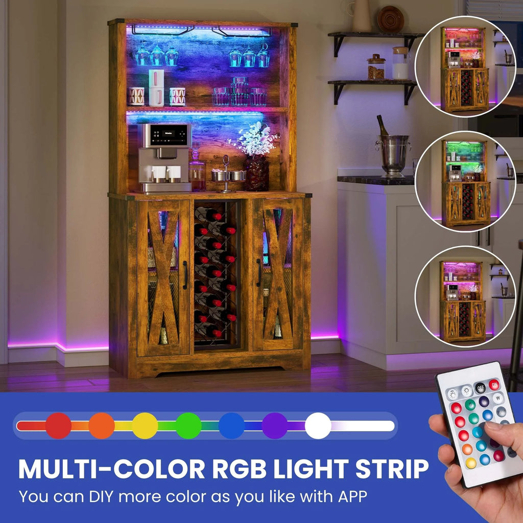 Rustic Oak Bar Storage Cabinet with LED Light Door F809624