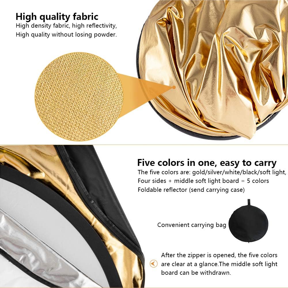 5 in 1 Collapsible Reflector Set with 2 Handles and Carrying Bag Gold Silver White Black Transparent (23.6in) F855041
