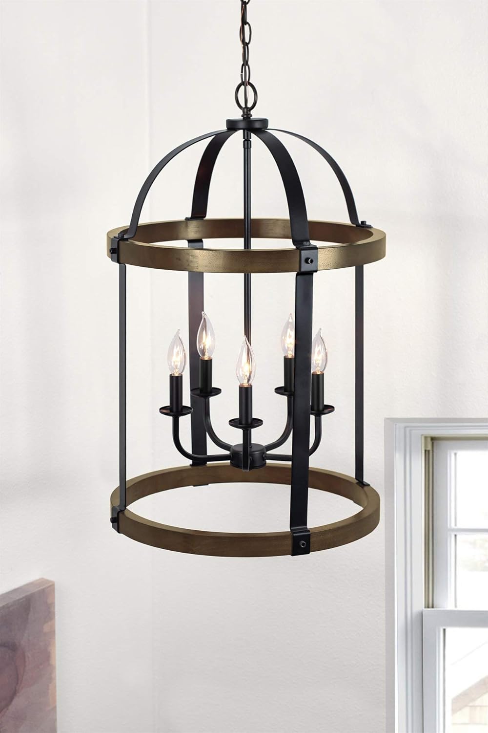 Black 4-Light Rustic Farmhouse Chandelier with Real Wood M509021