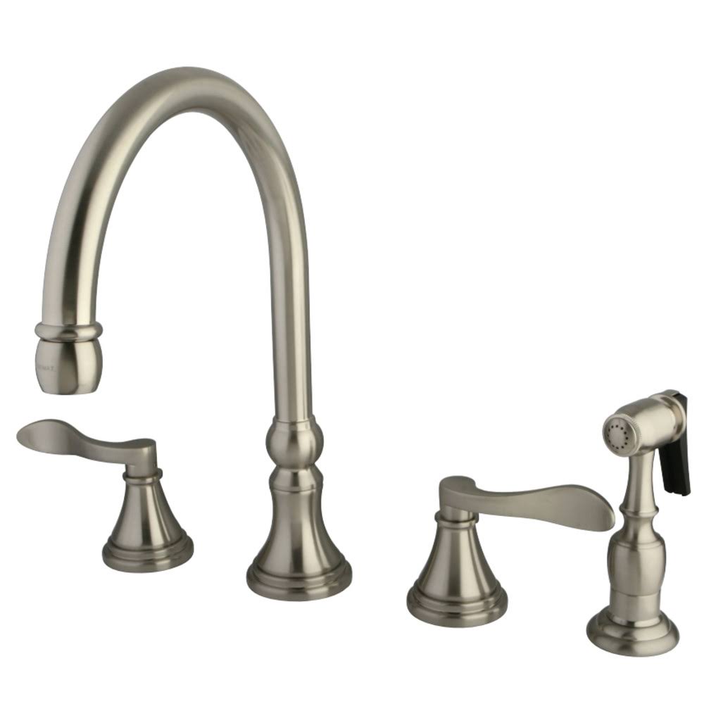 Double Handle Deck Mount Kitchen Faucet with Brass Sprayer, Satin Nickel M22927