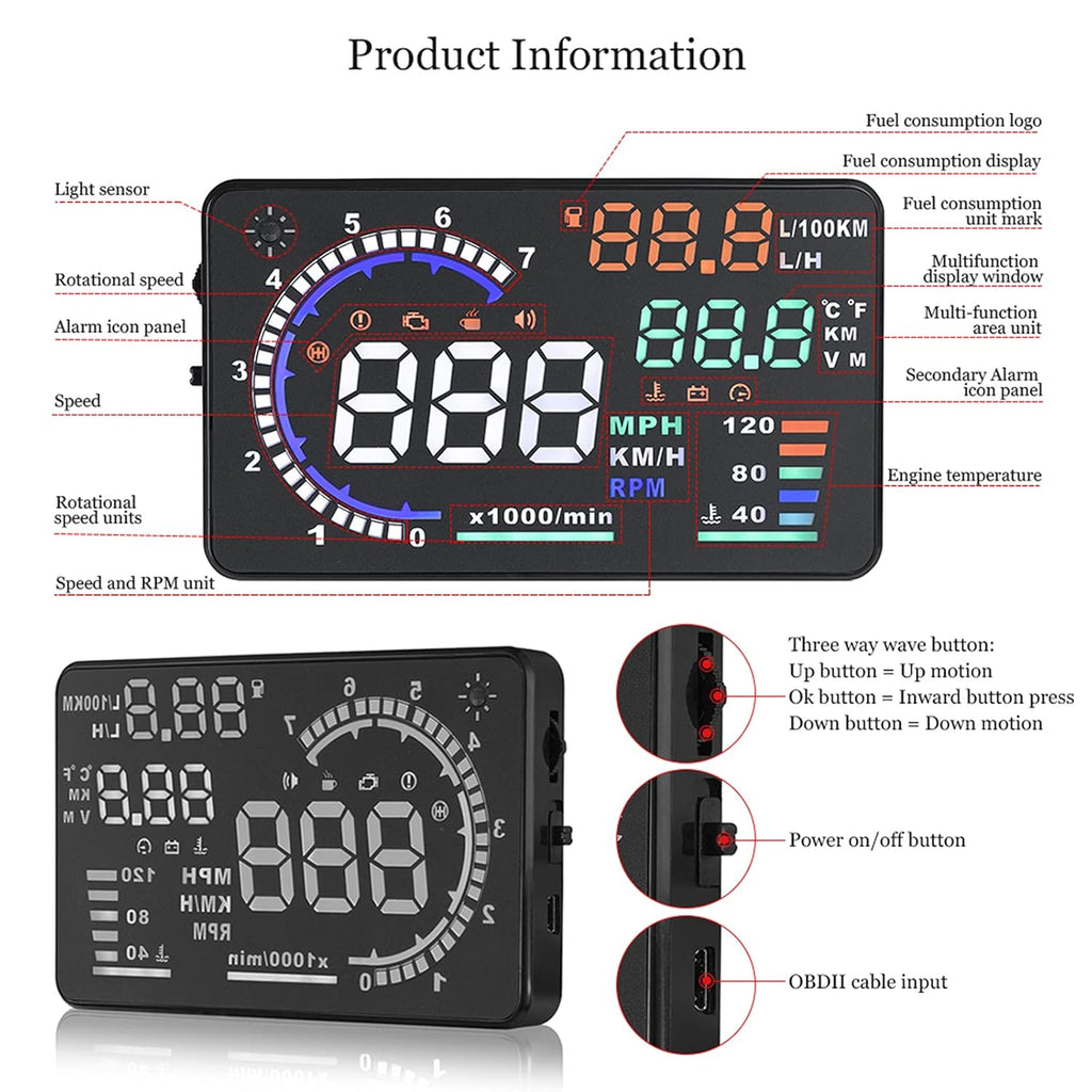 Multi Color 5.5 inches Car HUD Head up Display with OBDII Interface, Pack of 2 V5808