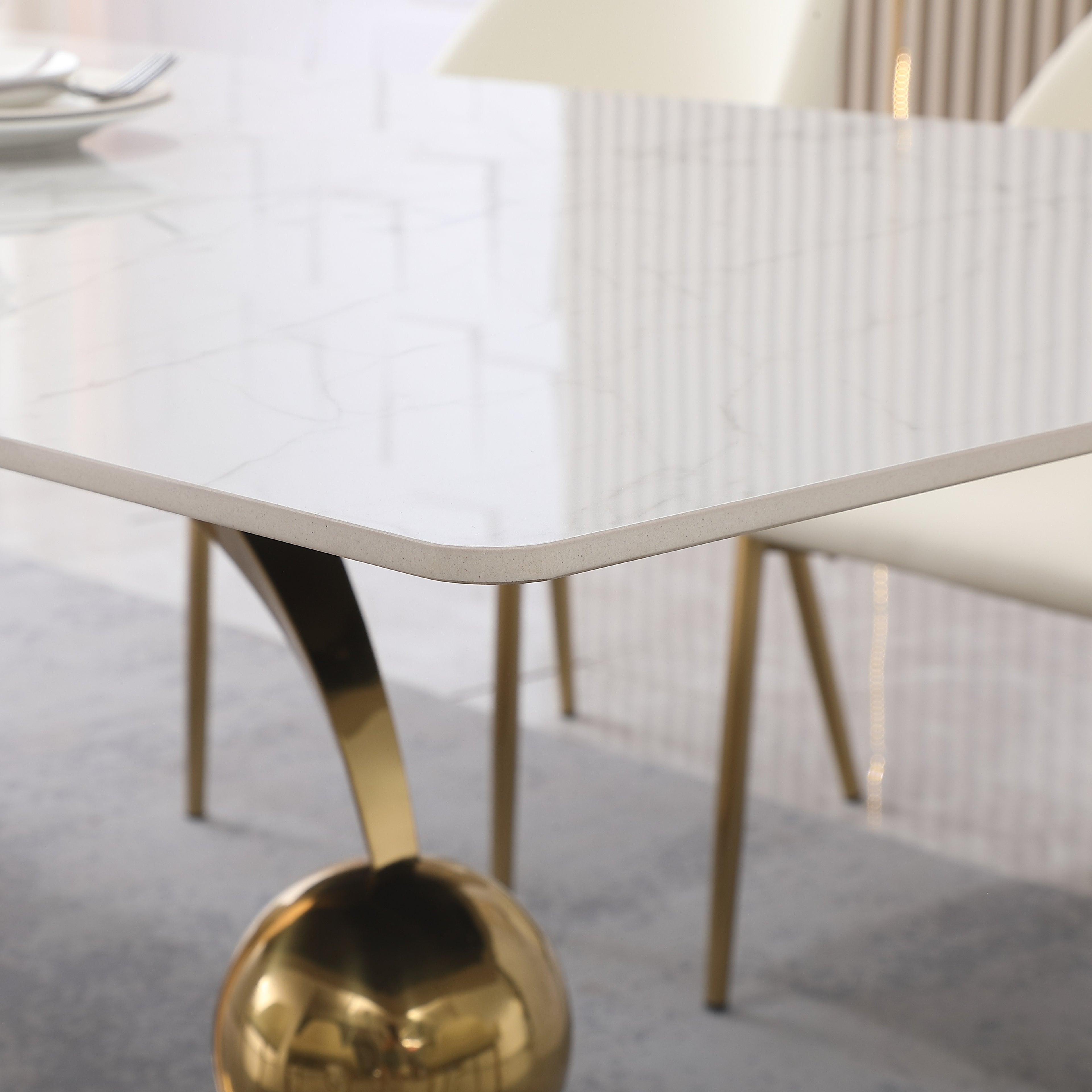 White Sintered Stone Dining Table Set with Stainless Steel Base S51557