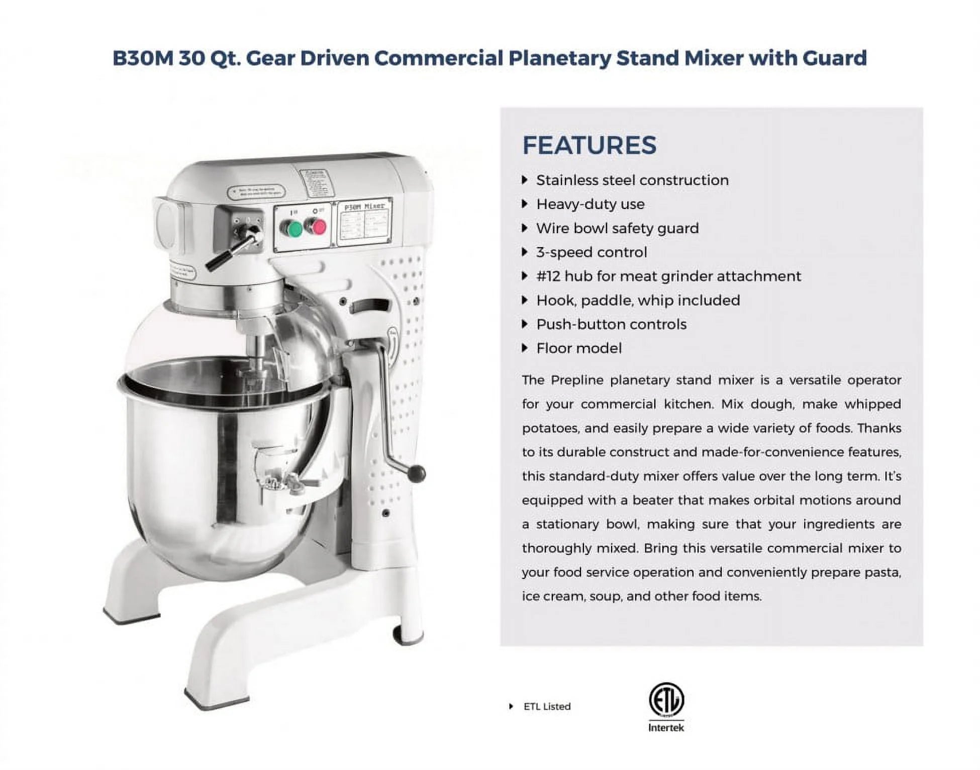 30 Qt Gear Driven Commercial Planetary Mixer W798348