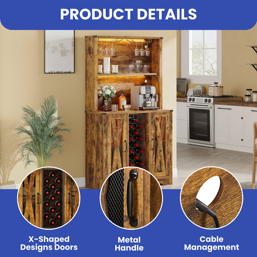 Rustic Oak Bar Storage Cabinet with LED Light Door F809624