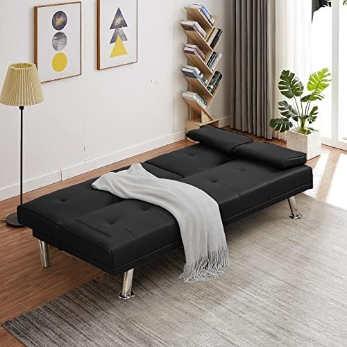 Black Leather Futon Sofa Bed with 2 Cup Holders U86522