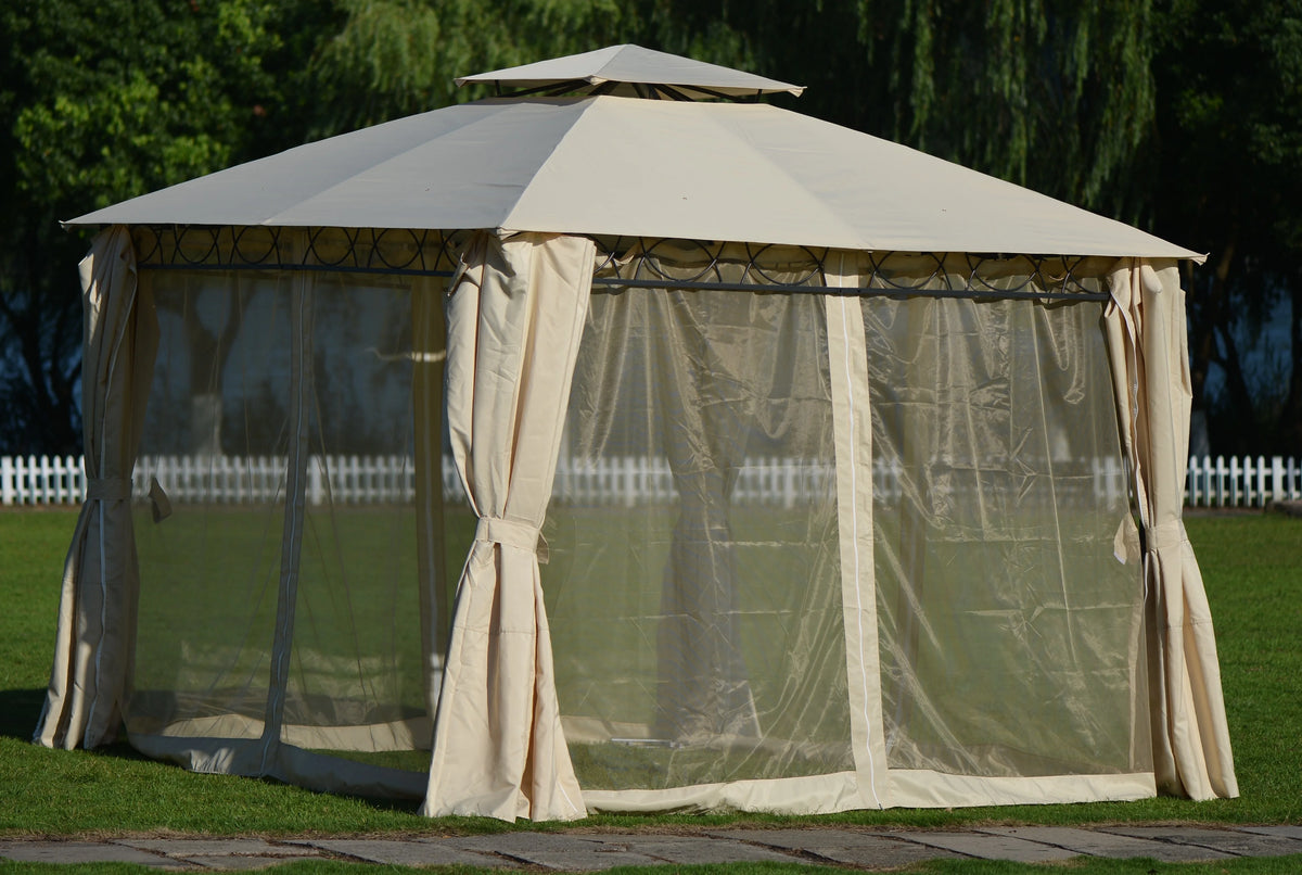 Beige Double Tiered Grill Canopy BBQ Gazebo Tent G793448