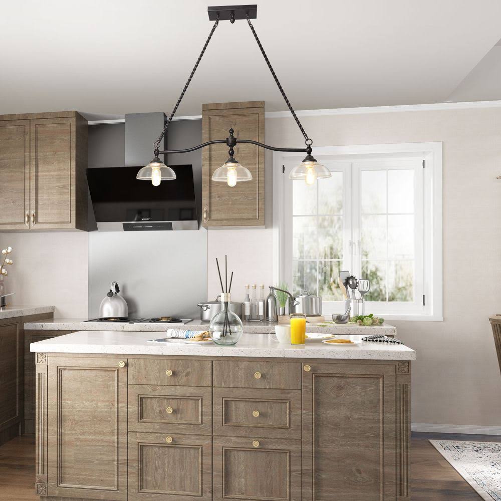 Rustic Black Finish Three Light Island with Clear Glass N803