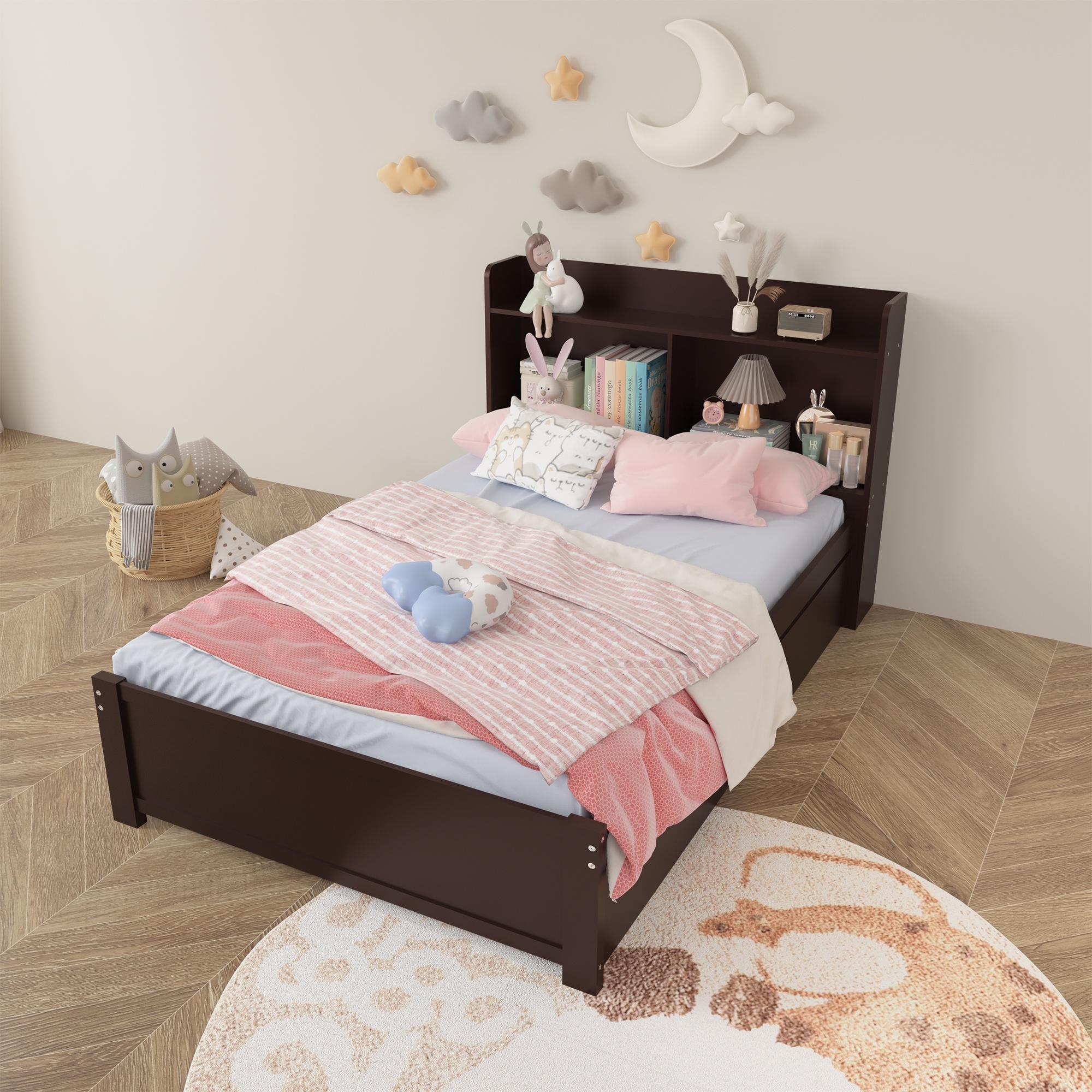 Twin Bed Frame with Trundle and Storage Bookcase, Solid Wood, Espresso Y4333