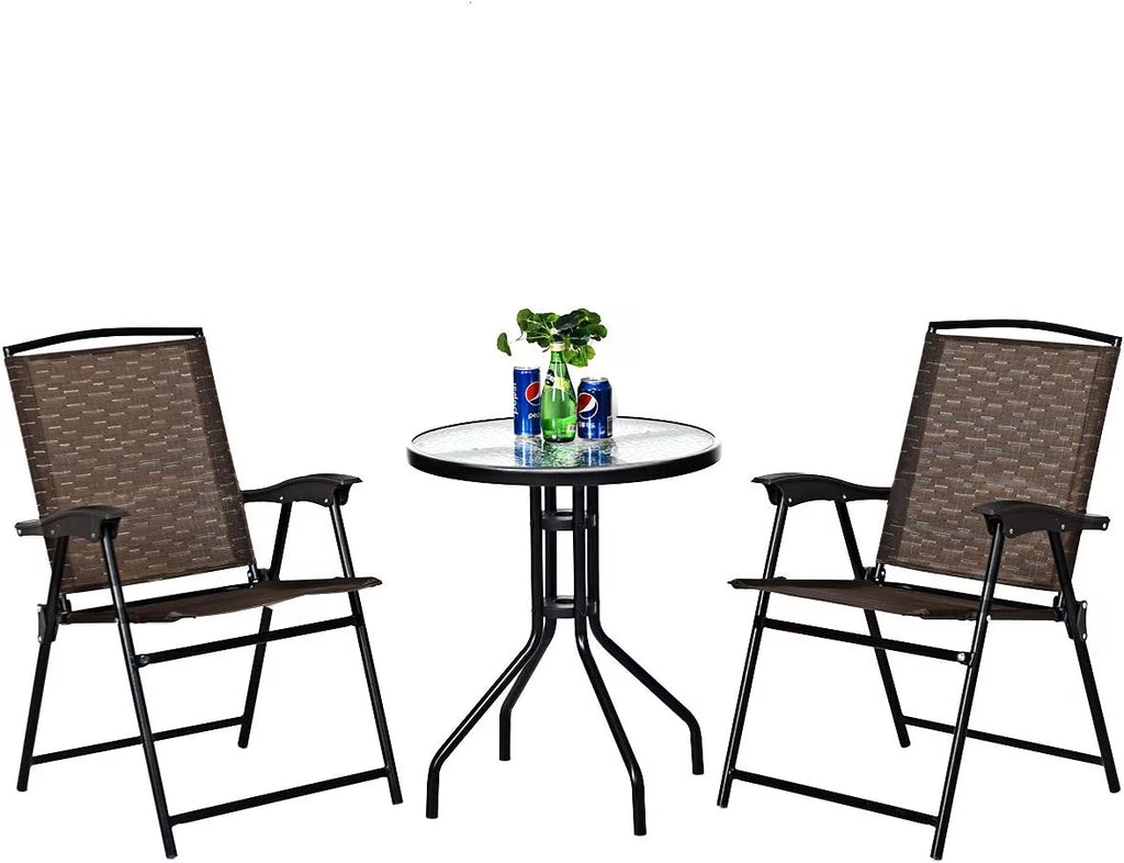 3-Piece Patio Bistro Set with Tempered Glass Table and 2 Foldable Chairs N24310
