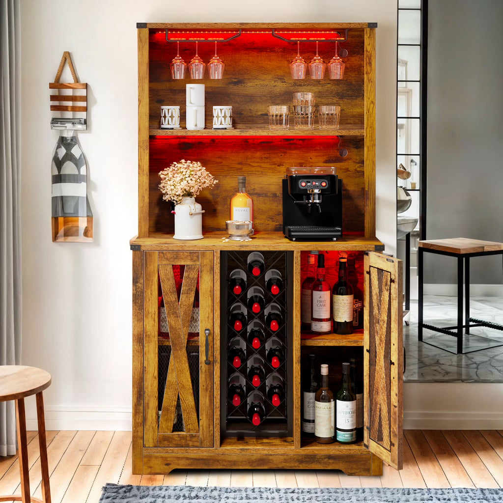 Rustic Oak Bar Storage Cabinet with LED Light Door F809624