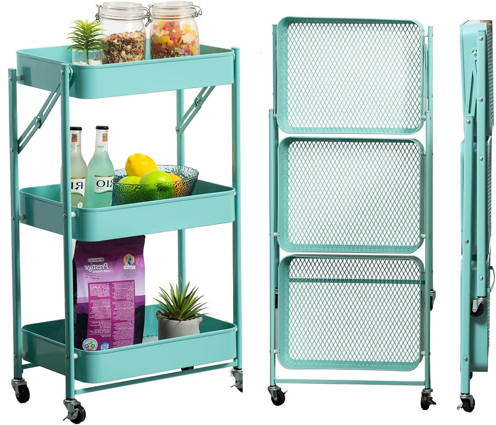 3 Tier Foldable Metal Rolling Cart with Wheels (Pink) A4488
