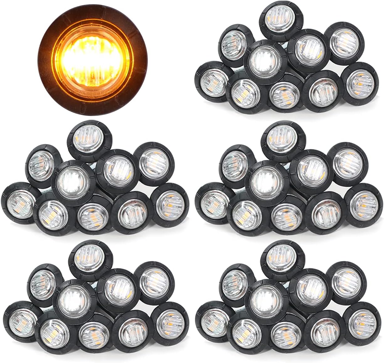 3/4 Inch Amber 3 LED Round Side Marker Indicator Lights with Black Rubbers 12V DC T847093