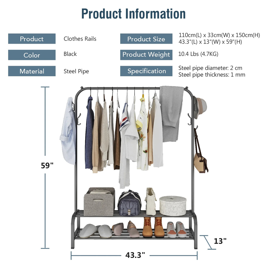 Black Freestanding Garment Rack with 6 Hangers 2 Shelves L604287