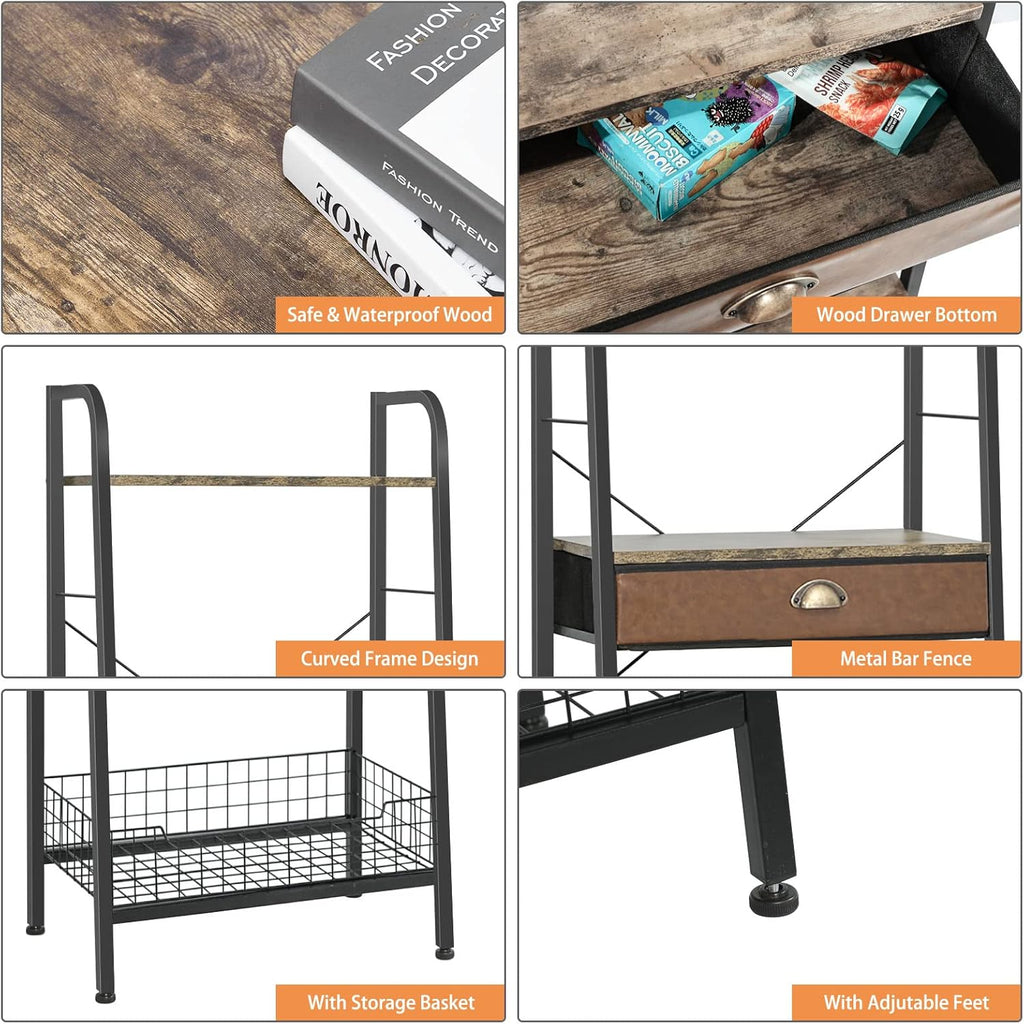 4 Tier Ladder Shelf with Drawer, Iron Frame Bookshelf J3167
