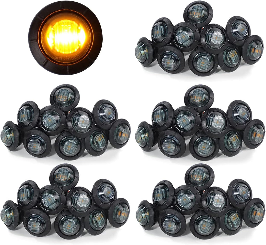 3/4 Inch Amber 3 LED Round Side Marker Indicator Lights with Black Rubbers 12V DC T847093