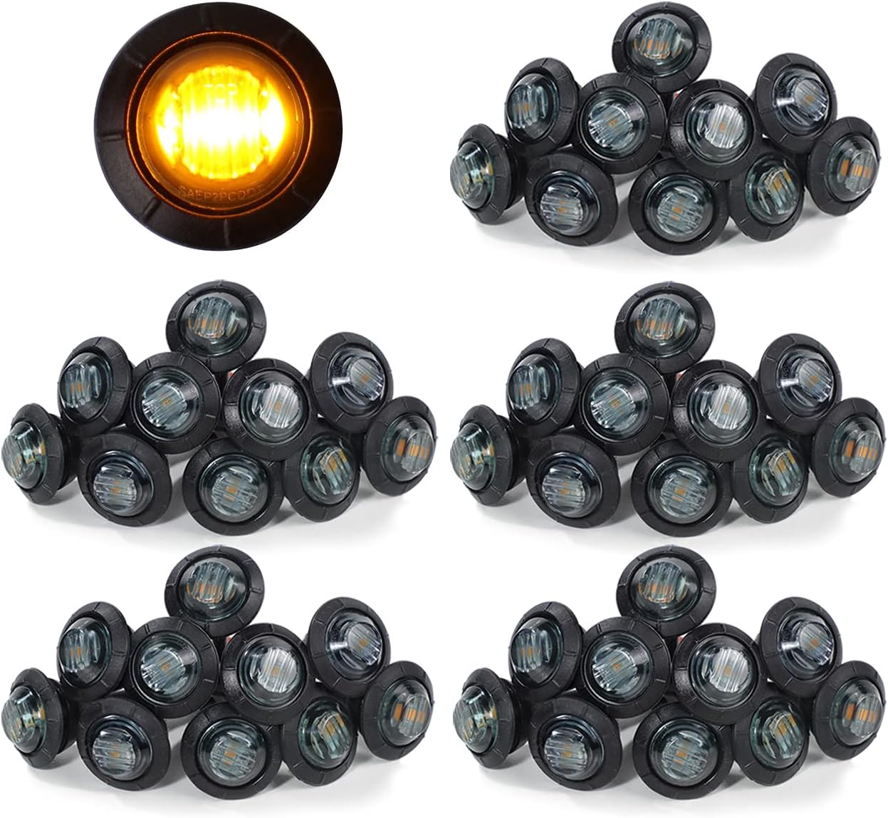 3/4 Inch Amber 3 LED Round Side Marker Indicator Lights with Black Rubbers 12V DC T847093
