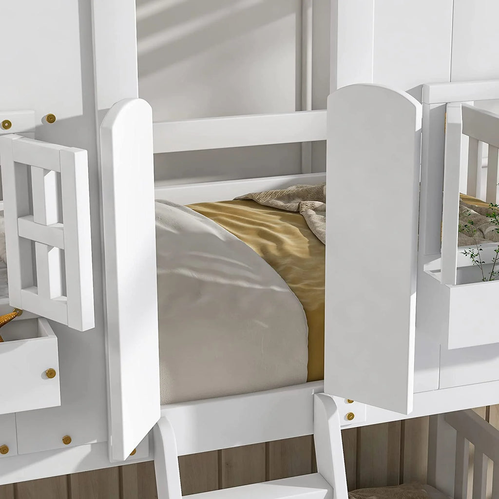 White Wood Frame Kids Bed with Roof and Safety Guardrails F778