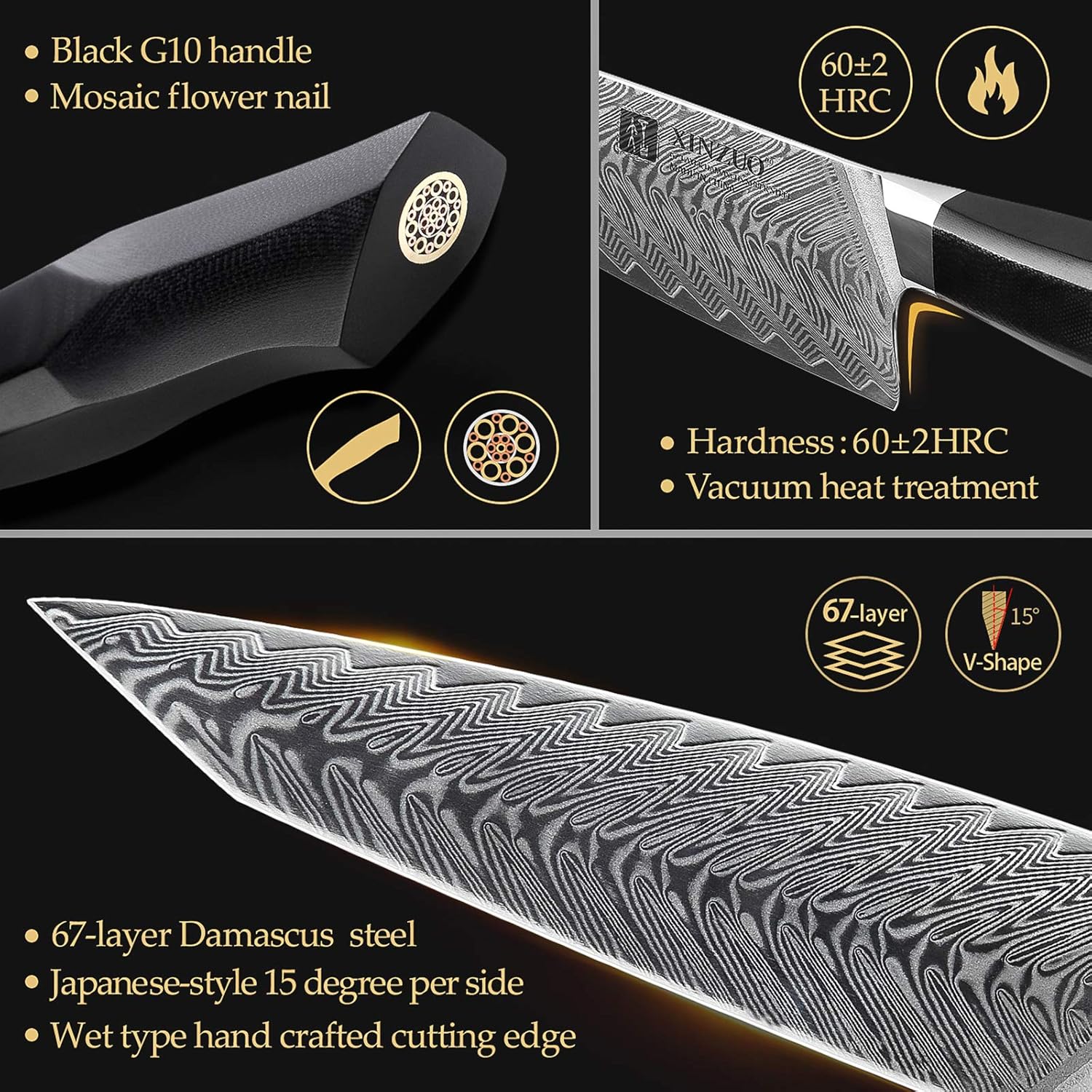 Damascus Steel 7-Piece Kitchen Knife Set with Wooden Block and Honing Steel M81972