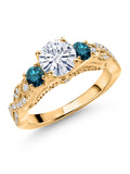 18K Yellow Gold Plated Silver White Moissanite Blue Diamond Engagement Ring J167