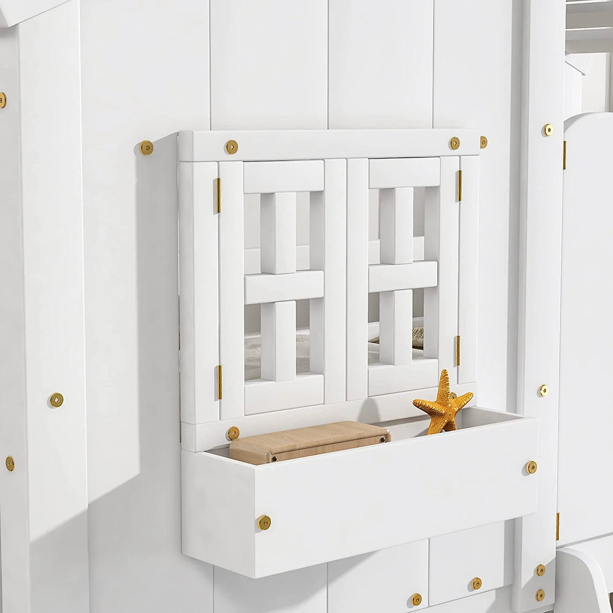 White Wood Frame Kids Bed with Roof and Safety Guardrails F778