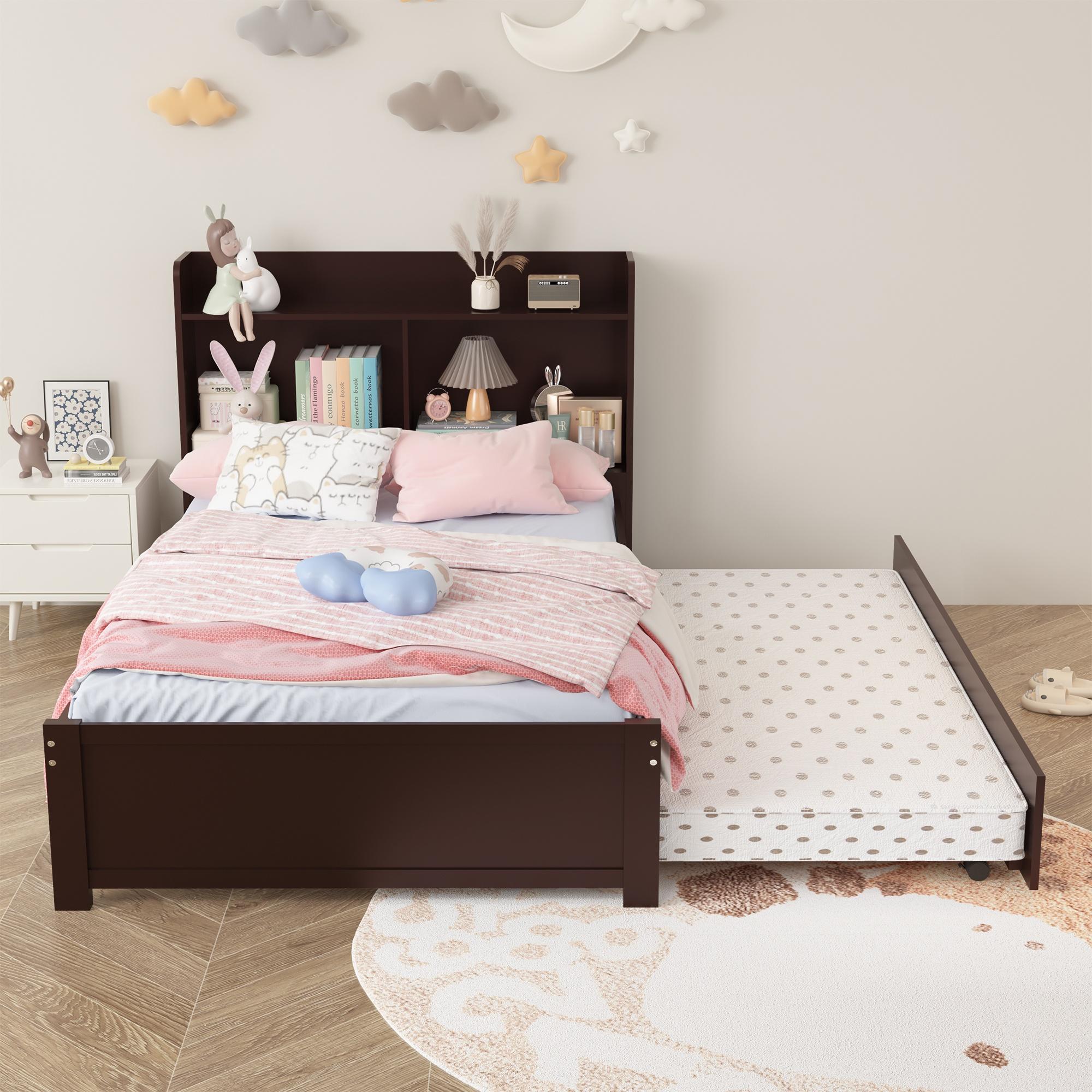 Twin Bed Frame with Trundle and Storage Bookcase, Solid Wood, Espresso Y4333