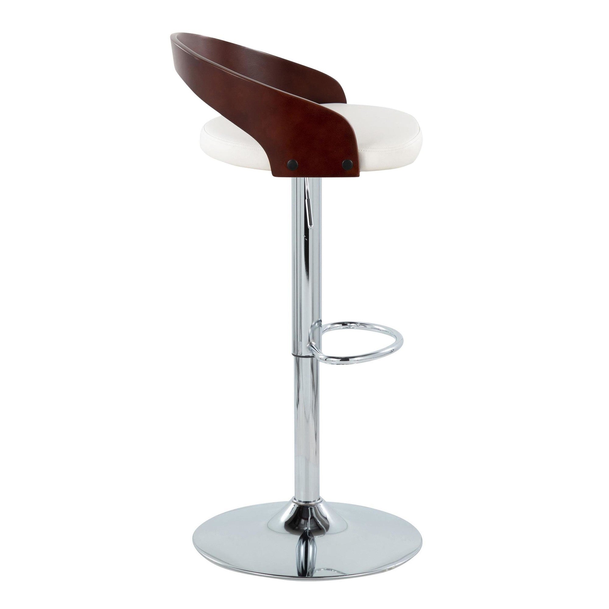 Set of 2 Adjustable Height Swivel Barstool in Chrome Metal, Cherry Wood and White Faux Leather W359505