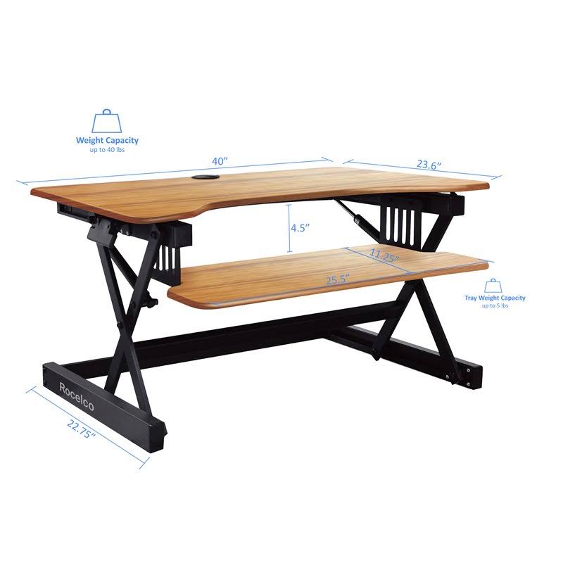 Teak Wood Adjustable Standing Desk Converter with Dual Monitor Mount F2222
