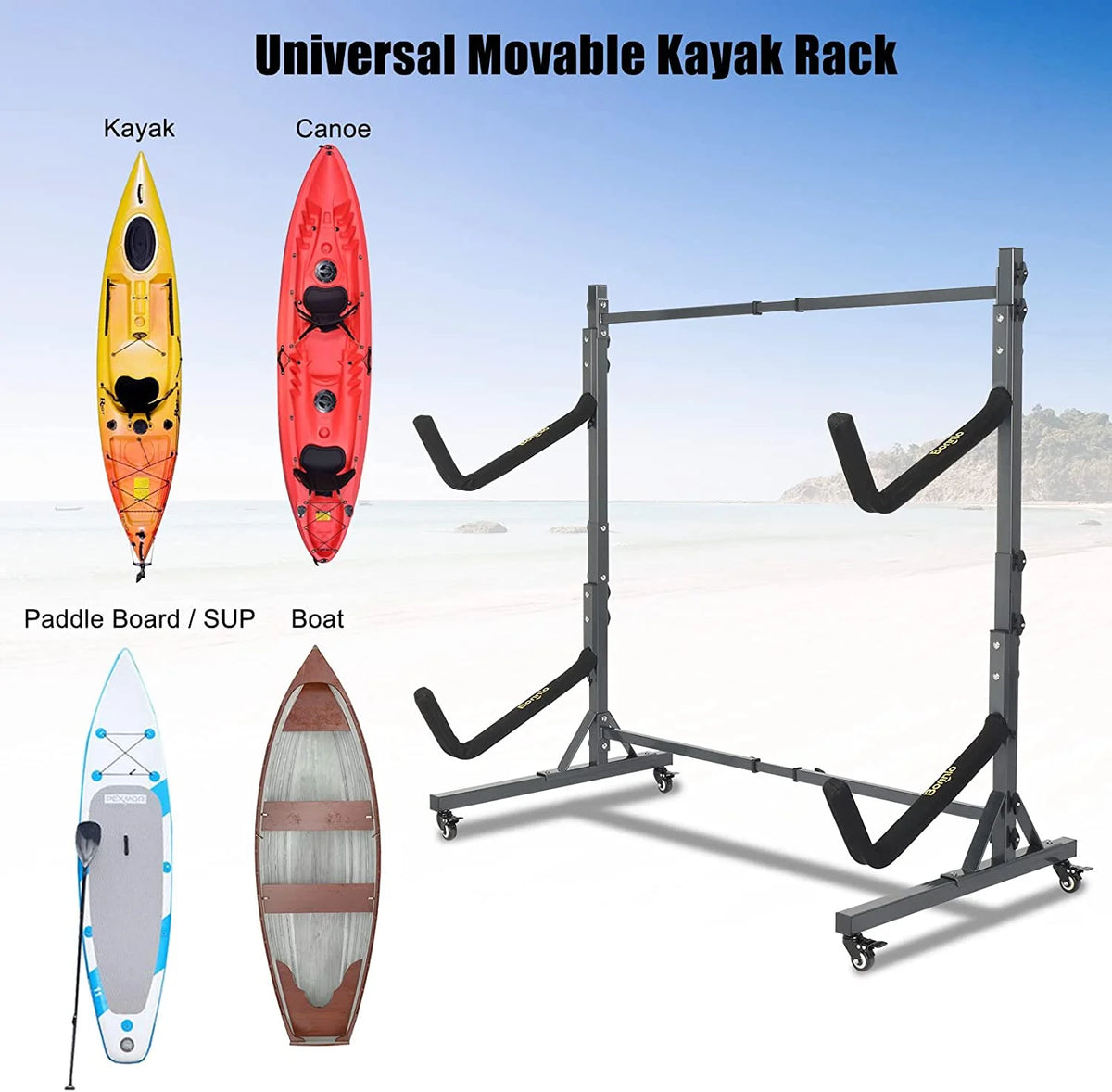 Freestanding Kayak Storage Rack with Lockable Wheels Wide Adjustable Y5385