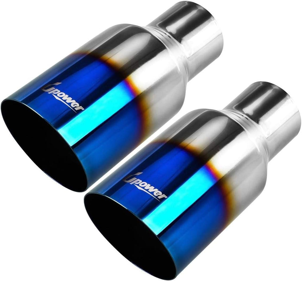 Blue Burnt Exhaust Tip 2.5" Inlet 4" Outlet 9" Long Single Wall Slant Cut 304 Stainless Steel Pack of 2 H3325