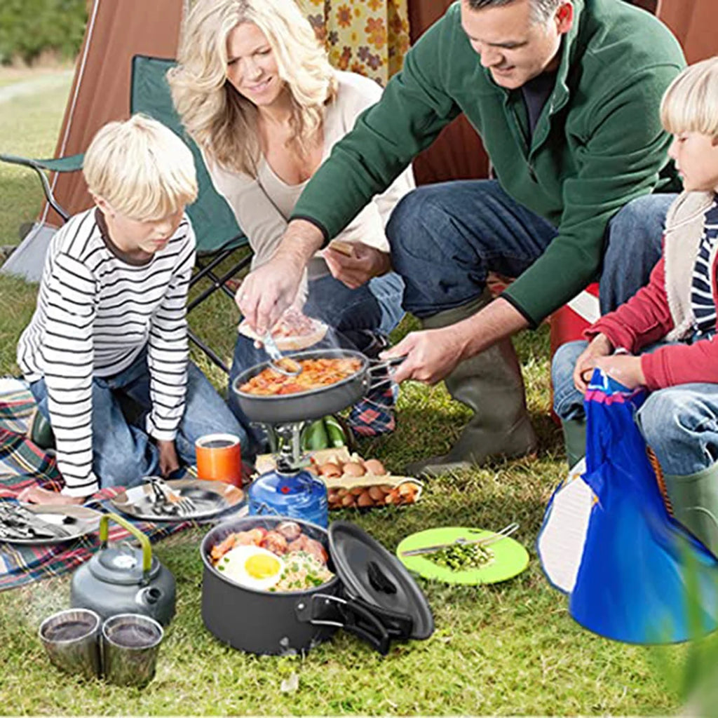 Camping Cookware Mess Kit Pot Pan Kettle Cooking Set Tableware with Spoon Fork Cutter F265