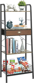4 Tier Ladder Shelf with Drawer, Iron Frame Bookshelf J3167